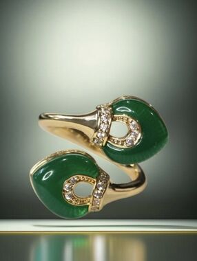 18k Gold Plated Luxury Emerald Lucite Pave Zircon Crystal Cross Over Bypass Ring